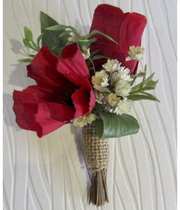 silk poppy buttonhole, rustic buttonhole